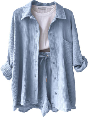 Light Blue textured gauze shirt and shorts set with drawstring waist and button front.