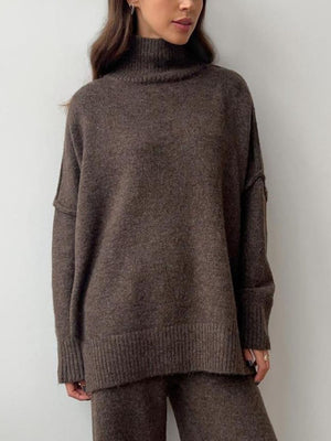 Oversized turtleneck lounge knit set in coffee brown acrylic, featuring a relaxed fit and ribbed cuffs.