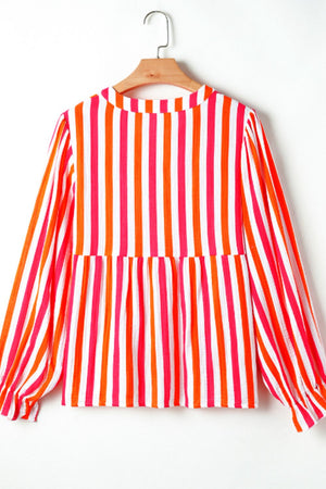 Red striped blouse with gathered sleeves and a high neckline.