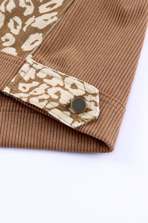 Corduroy jacket in camel with leopard print panel detail and button closure.