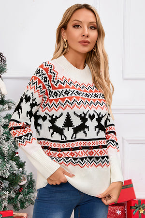 White acrylic knit sweater with festive Fair Isle reindeer and tree pattern, crew neck, long sleeves.