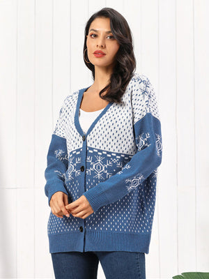 Dusty Blue Snowflake Jacquard Button-Down Cardigan with V-neck and acrylic knit.