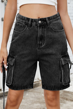 Black denim cargo shorts with straps and buckle details