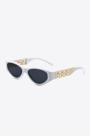White cat-eye sunglasses with gold chain detail and black lenses
