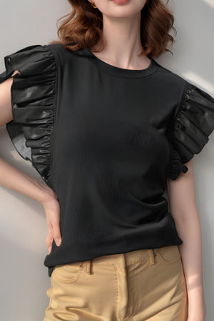 Brown ruffled faux leather sleeve blouse