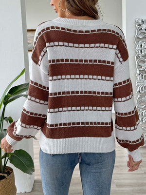 Brown and white striped knit sweater with balloon sleeves and square detail embroidery.