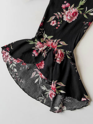 Black floral print viscose maxi dress with bell sleeves and ruffle detail