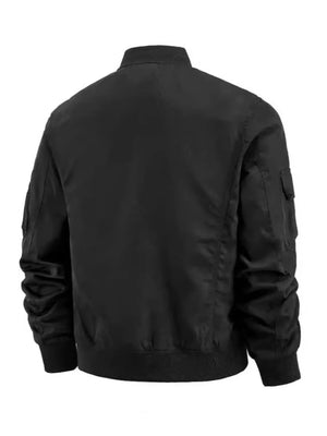 Black tactical bomber jacket with multiple pockets and ribbed cuffs.