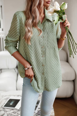 Light Green Textured Chevron Button-Down Blouse with pocket detail