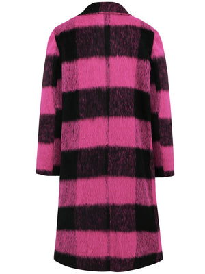 Hot Pink and Black checked plaid cocoon coat with a fuzzy texture.
