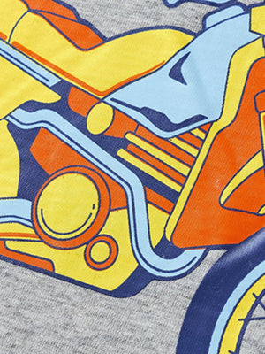 Toddler graphic t-shirt with colorful motorcycle print on grey cotton.