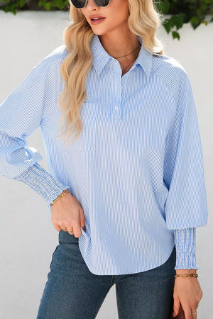 Striped Smocked Sleeve Collared Blouse in Light Blue, back view