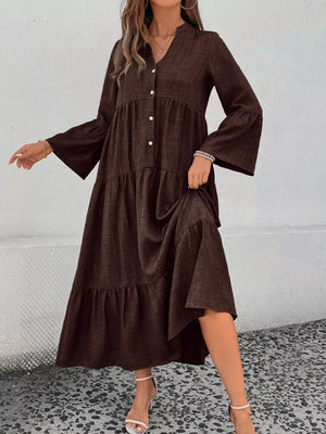 Brown tiered ruffle hem V-neck dress with button front and bell sleeves.