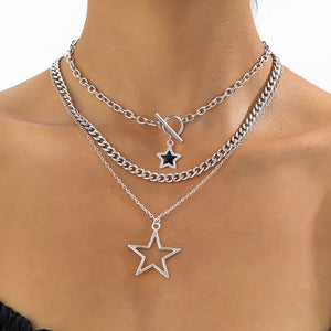 3-piece Layered Star Pendant Silver-plated Necklace in Silver, close-up detail