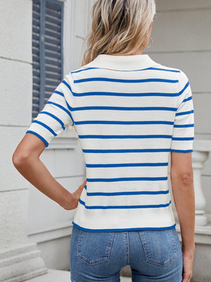 Nautical stripe polo knit top in sky blue and white, short sleeves, collared neckline.
