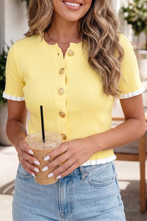 Yellow ribbed short sleeve cardigan with frilled trim and gold buttons