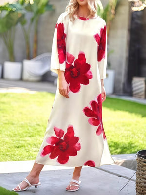 Floral Print Round Neck Dress in Blue, front view