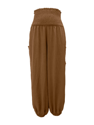 Coffee smocked waist harem pants with pockets and ankle cuffs