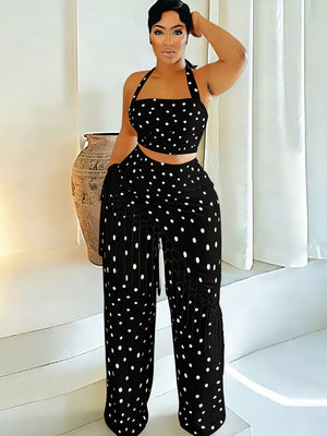 Black polka dot cami and fringe wide leg pant set