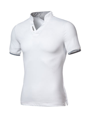 White cotton men's undershirt with notched V-neck and grey trim on collar and sleeves.