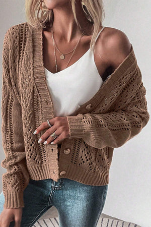 Taupe mesh detail cardigan with button front and open knit pattern.