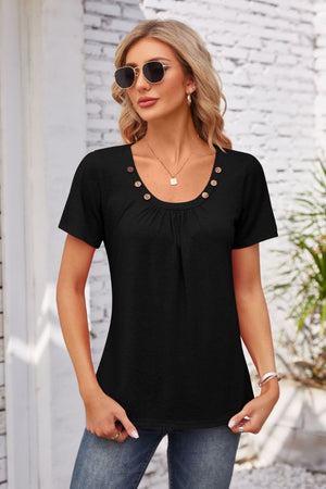 Black short sleeve top with gathered yoke and button trim
