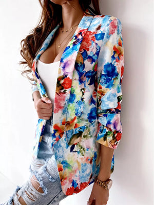 Vibrant Floral Print Open Front Blazer in Red, front view