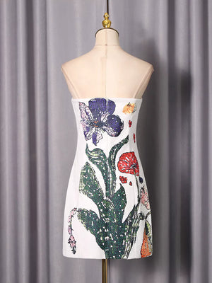 Strapless Floral Mini Dress in White, back view
