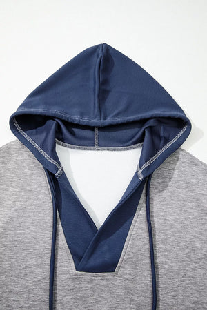 Color Block V Neck Drawstring Hoodie in Gray, alternate angle