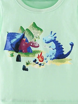 Light green cotton t-shirt with playful dragon camping graphic.