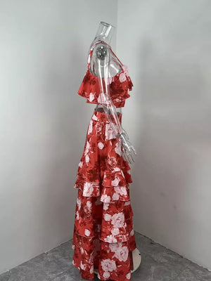 Ruffled floral two-piece set in strawberry red with tiered skirt and ruffled crop top.