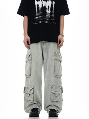 Relaxed fit light blue denim cargo trousers with multiple pockets.
