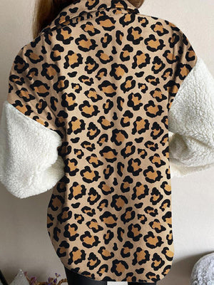 Plaid & Sherpa Hybrid Shacket in Leopard with sherpa sleeves.