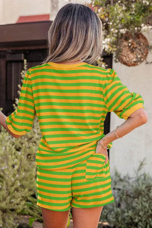Striped puff sleeve top and drawstring shorts set in green and yellow polyester.