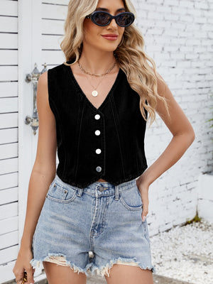 Black denim cropped button-up vest with V-neck and silver buttons