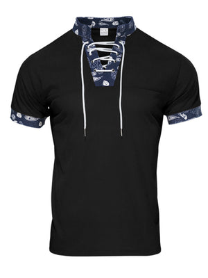 Black men's t-shirt with lace-up collar and paisley details on collar and sleeves.