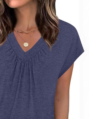 Navy ruched v-neck t-shirt with short sleeves, relaxed fit.