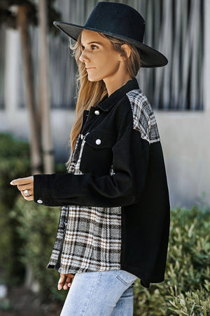 Black denim shirt jacket with plaid panels on shoulders and sides.