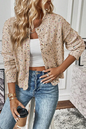 Confetti knit button-up cardigan in beige with colorful speckles and a crew neck.