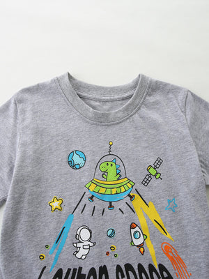 Grey cotton toddler t-shirt with a fun space graphic featuring a dinosaur in a UFO, astronaut, and rockets.