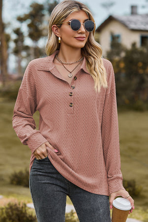 Dusty Pink textured polo-neck sweater with button detail and long sleeves.