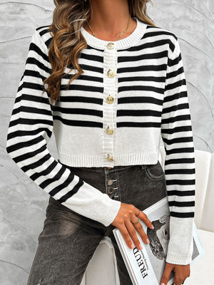 Cropped black and white striped cardigan with gold buttons and crew neck