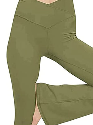 V-waist flare leggings in Army Green with a subtle V-shaped waistband detail.