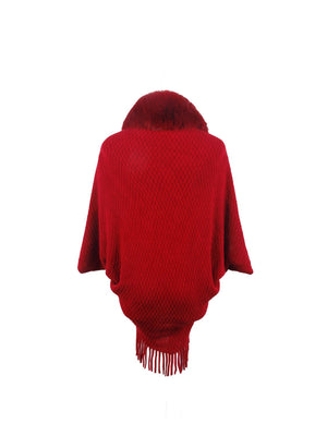 Deep Red textured knit poncho with faux fur collar and fringe detail