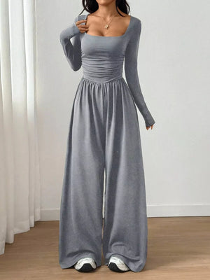 Ruched Square Neck Wide-leg Jumpsuit in Brown, alternate angle