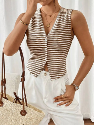 Chic striped knit v-neck tank top with button front, shown in taupe and white.