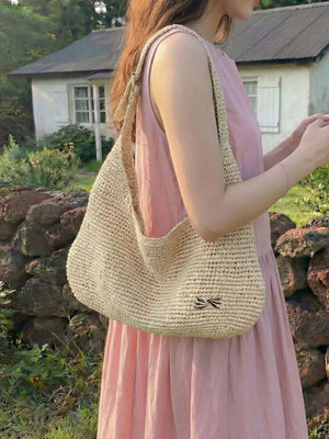 Woven Casual Beach Shoulder Bag in Ivory, close-up detail