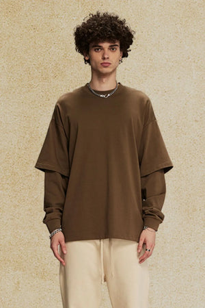 Brown layered sleeve oversized tee with crew neck and relaxed fit.