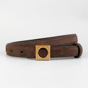 Brown cowhide leather belt with square gold buckle detail