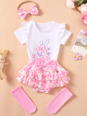 White ruffled bodysuit with bunny graphic and pink floral tiered skirt with bow.